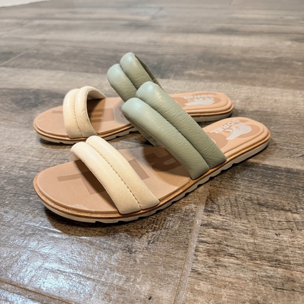 Sorel Women's Ella II‎ Puff Colorblock Leather Slide,Safari Chalk, 9.5 - Picture 1 of 10